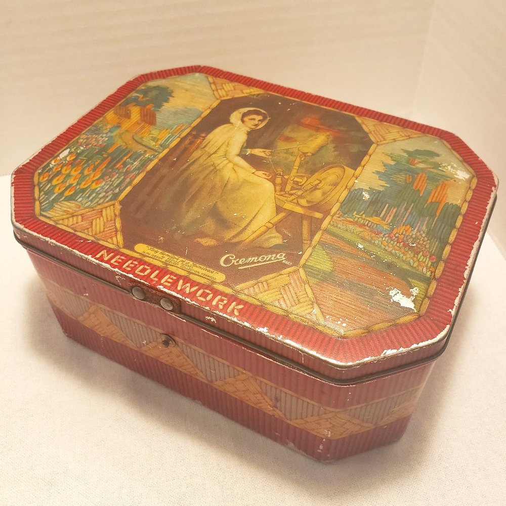 A. S. WILKIN LIMITED CREMONA "NEEDLEWORK" TIN BOX - LADY HAMILTON - TRUE VINTAGE